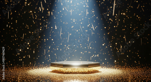 Spotlight illuminates a stage with golden particles, perfect for product placement. A bright spotlight shines on an empty stage, creating a dramatic effect with sparkling particles