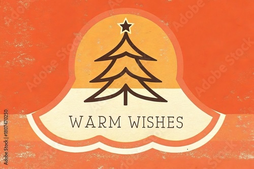 Warm Wishes Retro Holiday Illustration with Stylized Tree Icon and Vintage Textured Orange Background Design