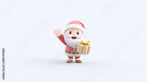 Cute santa mascot holding gift and waving with joyful expression in front of white backdrop