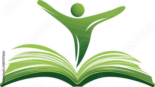 Stylized green human figure with arms outstretched, rising from an open book