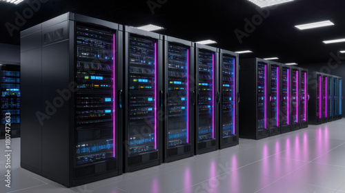 High tech data center server racks with neon purple lighting, reflective floor, cool blue status lights, organized cabinets in dark modern interior conveying futuristic efficiency and calm