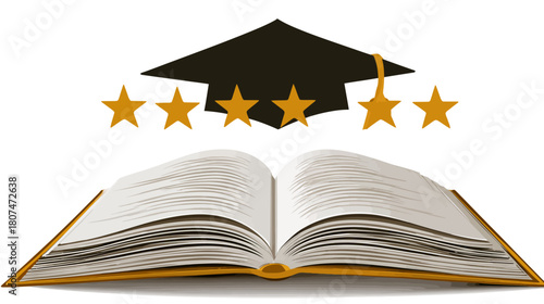 An open book with a graduation cap and a row of six golden stars above
