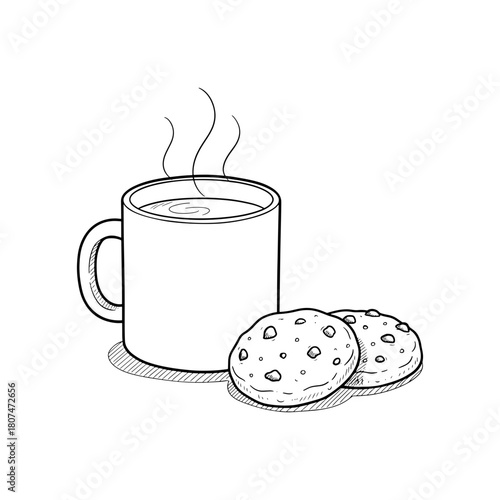 Enjoy warm beverage and sweet cookies, perfect for a cozy break or treat, hand-drawn style for a charming, comforting feeling, ideal for food blogs