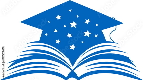 A blue graduation cap adorned with stars, perched atop a stylized open book