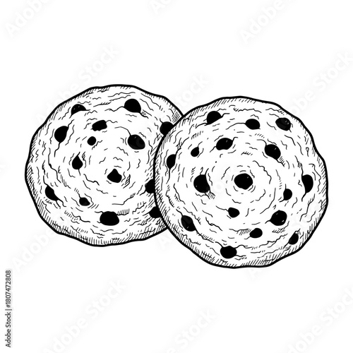 Delicious chocolate chip cookies drawing perfect for baking blogs, recipe sites, or sweet treat promotions, hand-drawn style, yummy dessert illustration