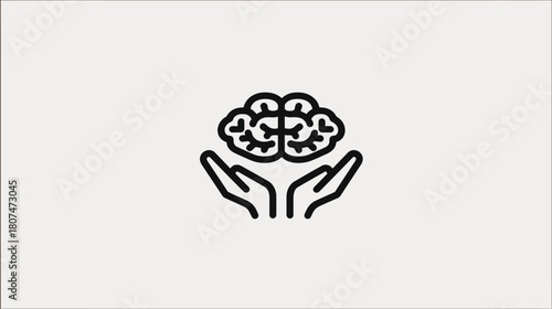 Line art icon of hands holding a brain with hearts, symbolizing mental wellness