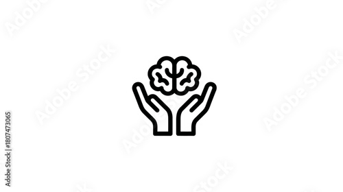 A minimal black line icon of two hands gently holding a brain on a white background
