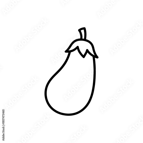 Illustration of a simple eggplant with a stem and leafy top in black outline on white background vector
