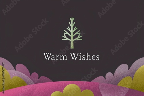 Warm Wishes Illustration with Minimal Tree Symbol and Colorful Textured Hills on Dark Modern Background