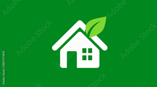 A white house icon with a green leaf on a vibrant green background, symbolizing eco