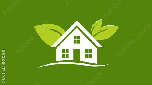 A white house silhouette with green leaves on a lush green background, eco concept