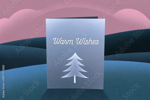 Warm Wishes Greeting Card with Minimal White Tree Design on Soft Gradient Landscape Background Illustration
