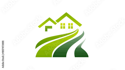 A stylized green house icon with curving fields, suggesting rural real estate