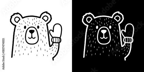 Bear waving with mitten for Christmas, New Year, isolated vector image, two versions on transparent and black backgrounds, pencil drawing, chalk drawing
  