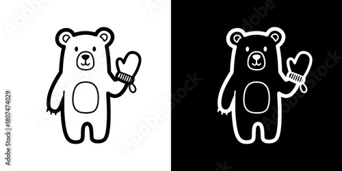 Cartoon bear holding a mitten in black and white design, isolated vector image, two versions on transparent and black backgrounds, pencil drawing, chalk drawing
  