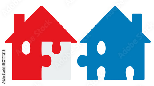 Two vibrant house-shaped puzzle pieces, one red, one blue, poised to connect