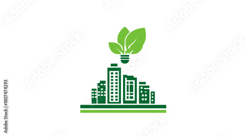 A green city skyline with a leafy lightbulb symbolizing eco-friendly energy