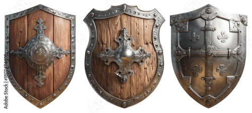 Three medieval shields, featuring wooden and metal designs