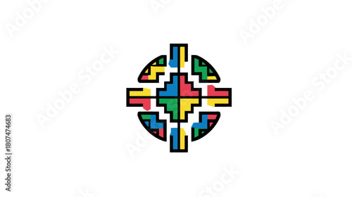 A pixelated, symmetrical cross design in bold primary colors with a black outline