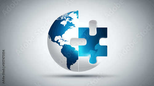 Abstract blue world globe with puzzle pieces on a gradient gray background