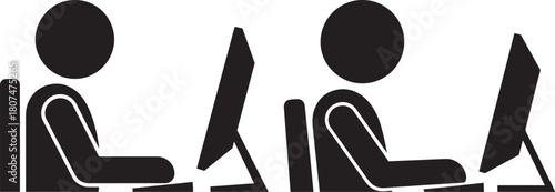 Two people working on computers silhouette