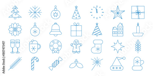 Line art Christmas icons collection in blue. Set of minimalist blue Christmas icons in line style, featuring festive elements like trees, gifts, snowflakes, and decorations