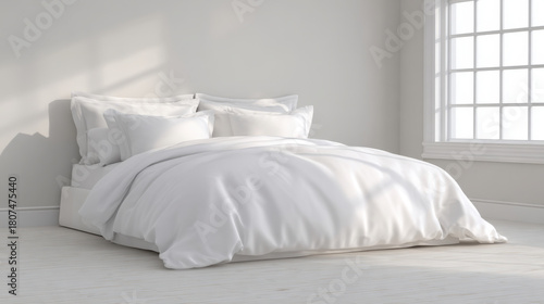 White bed duvet pillow linen white bedroom bright minimal morning sunlight soft cozy natural light serene
