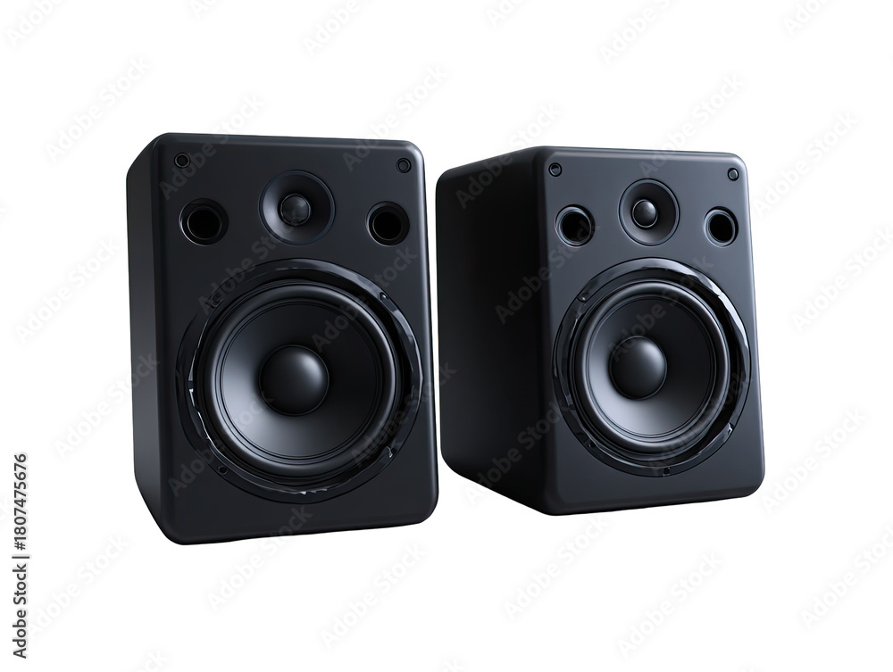 Obraz premium Two black, rectangular speakers. Close-up, studio view