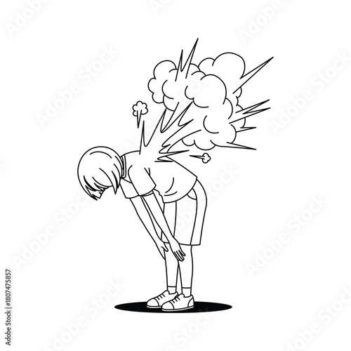 Boy bowing with explosion behind her isolated on, expressing strong emotion