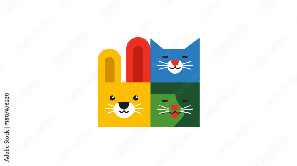 Obraz premium Stylized, four-panel composition featuring animal faces in square blocks. Playful color palette