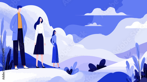 Three people looking out over a stylized, minimalist blue mountain landscape