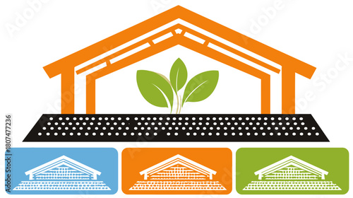 Stylized house frame with growing plant inside, plus three colored icon variations