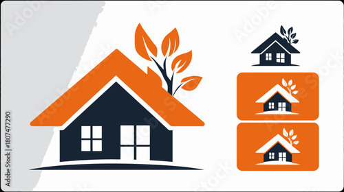 A home icon featuring an orange roof, dark blue walls, window details and leafy accents