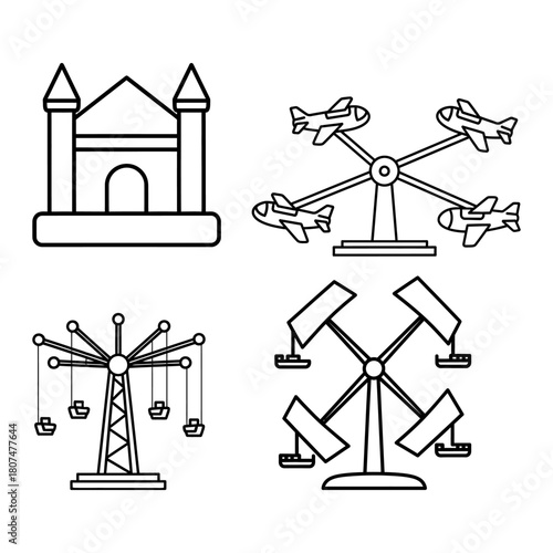 Line art illustration featuring a bouncy castle, airplane ride, swing ride, and a spinning ride, all in a simple, outlined style.