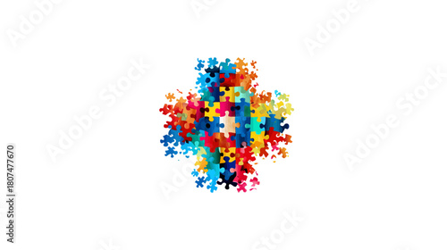 A colorful cluster of puzzle pieces arranged in a cross shape against a clean white background