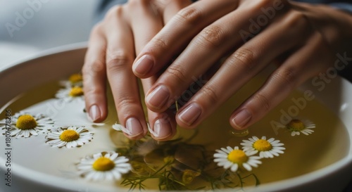 Woman soaking her hands in a bowl of warm water with chamomile flowers for a natural spa treatment and manicure preparation, focusing on self care concept.