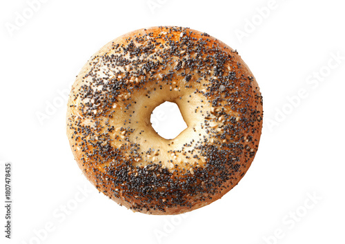 Top-down view of a round bagel, topped with poppy seeds and sesame seeds.  The bagel is light golden brown, and has a visible hole in the center