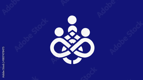 A geometric, white emblem on a solid, dark blue backdrop, resembling connected figures