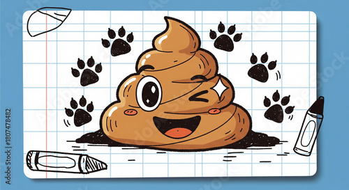 A cute, doodle-style illustration of a smiling, winking poop emoji surrounded by drawn paw prints on a piece of graph paper. Crayons are visible in the foreground