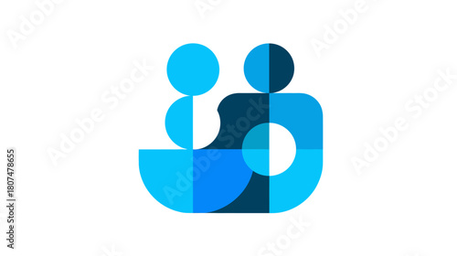 Two stylized figures in blue tones are depicted using circles and geometric shapes
