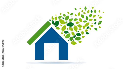 Abstract blue house with green roof line, leaves emanating, symbolizing nature and home