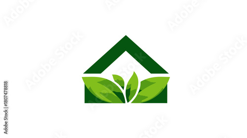 Green stylized house outline with vibrant green leaves nestled inside on white