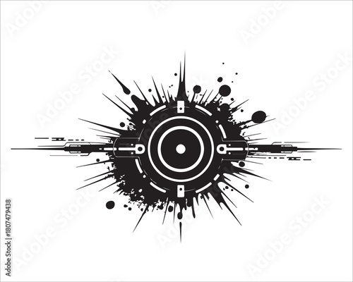 Abstract grunge tech circle symbol with splatter burst and futuristic geometric elements in bold black design representing urban energy and digital style