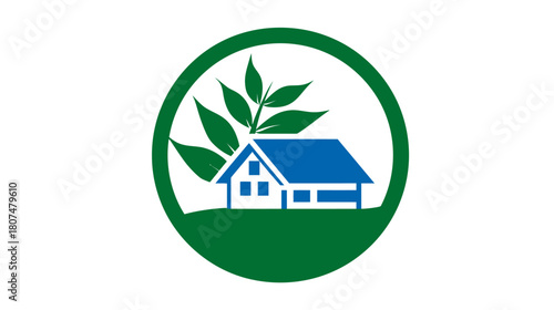 A graphic icon of a blue house with green leaves, enclosed in a green circle