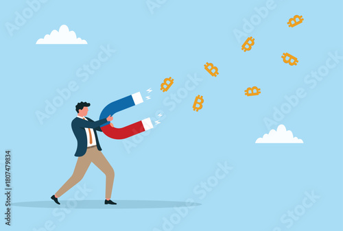Vector illustration of a businessman using a giant magnet to attract bitcoins, symbolizing cryptocurrency investment, digital wealth, and financial growth opportunities
