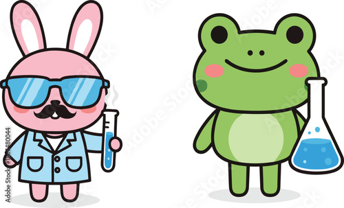 Cute Cartoon Animal Scientists Vector Illustration, Rabbit and Frog with Laboratory Equipment.