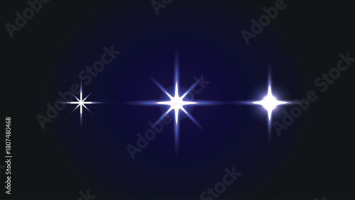 Three Glowing Starbursts With Lens Flares On Dark Blue Gradient Background sparkle light