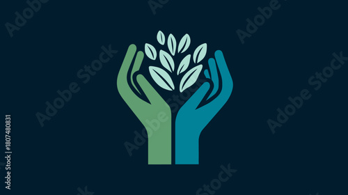 An illustration of two cupped hands holding a sprouting plant on a dark background