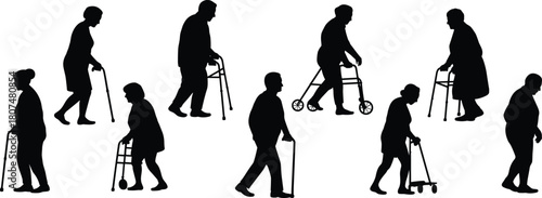 Elderly silhouettes, mobility aids, walkers, canes, assistive devices, aging support, senior movement, healthcare illustration, independence, rehabilitation, lifestyle, walking posture