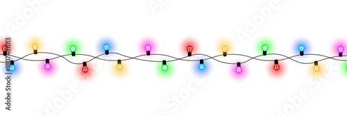 Realistic warm glowing string lights or christmas fairy light overlay with blue green red yellow colorful illumination for wedding festive event celebration and decoration on transparent background